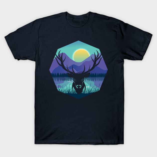 Midnight Riendeer Landscape T-Shirt by Mr Bushido